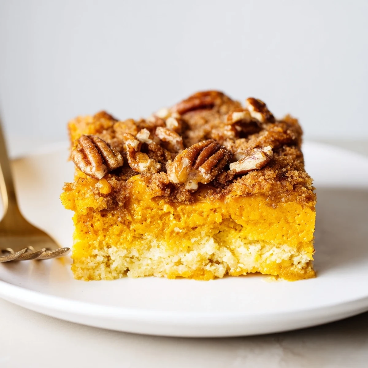 Warm Pumpkin Dump Cake with golden pecan topping and vanilla ice cream