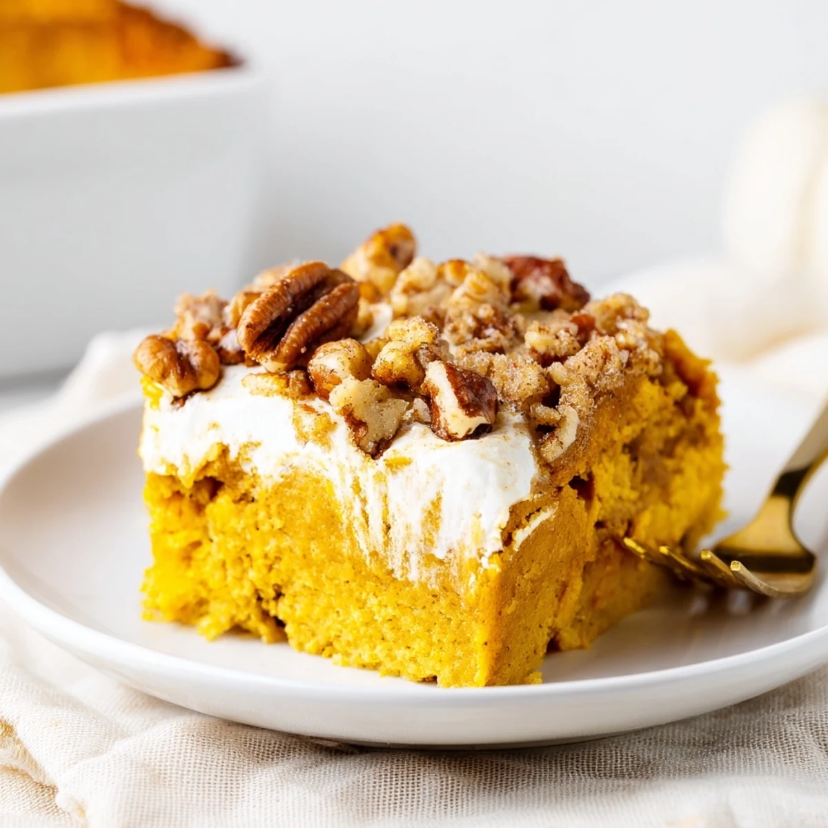 Slice of Pumpkin Dump Cake steaming slightly, buttery crumbs and spice aroma