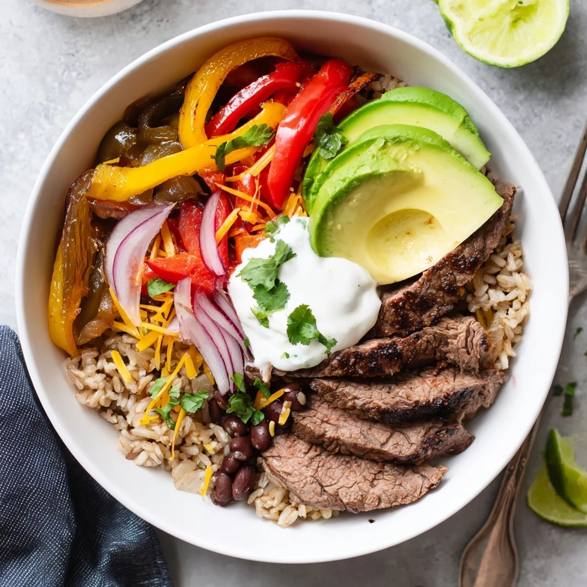 Family-style Steak Fajita Power Bowls showcasing marinated steak, sautéed peppers, lime