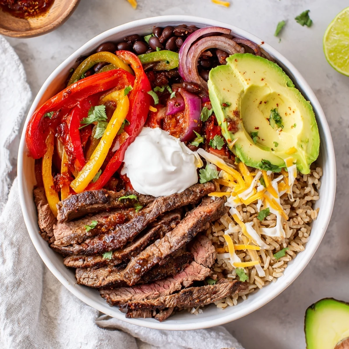 Bright Steak Fajita Power Bowls piled with warm rice, black beans, cilantro