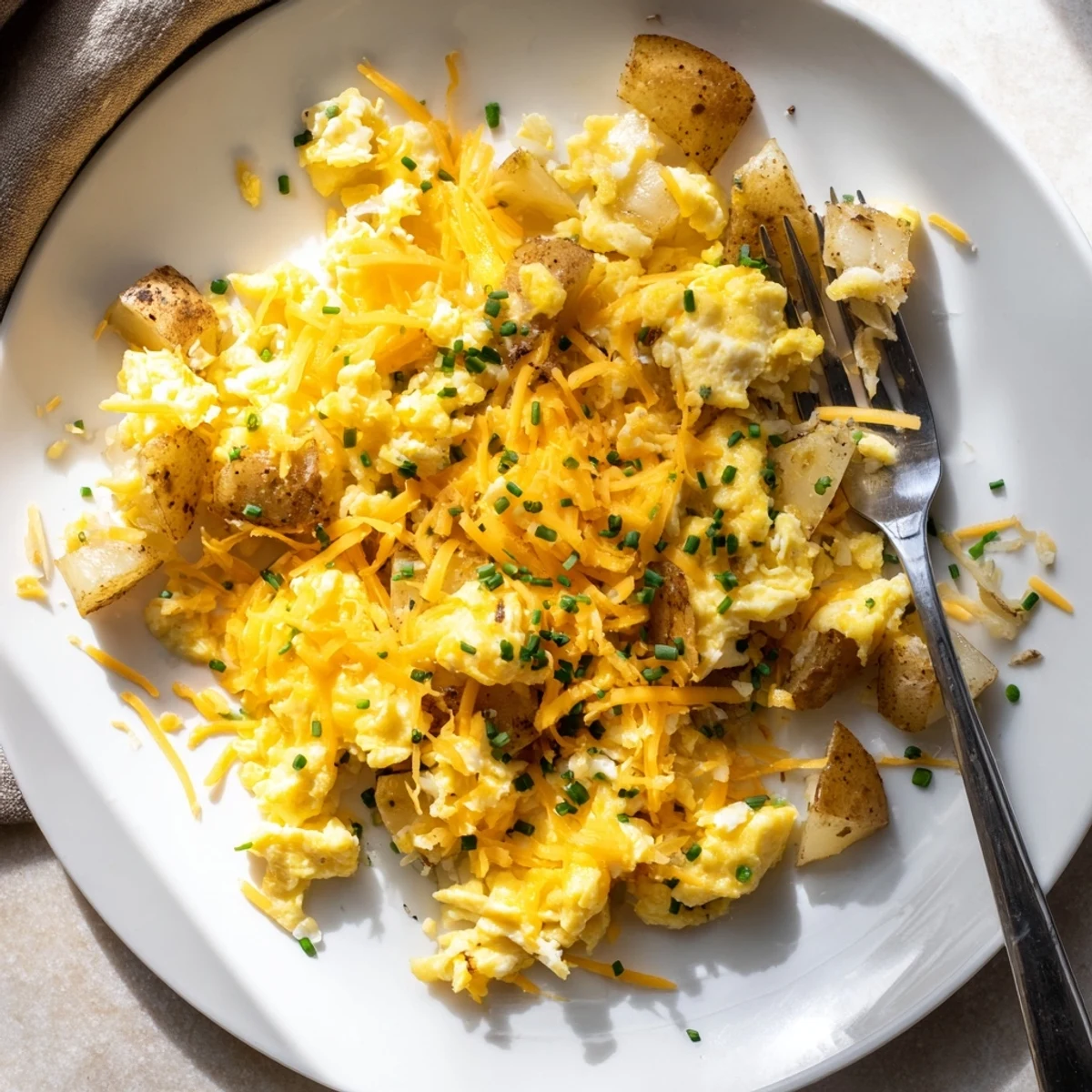 Golden cheesy potato egg scramble plated with melted cheddar and fresh chive garnish