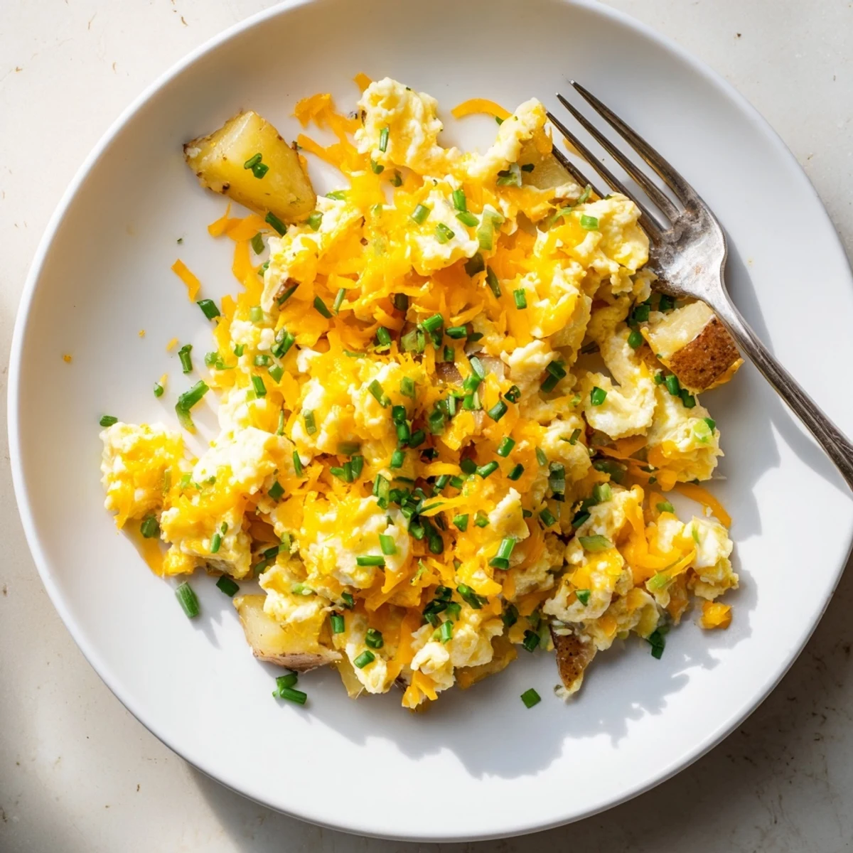 Comforting cheesy potato egg scramble served hot with golden brown potatoes and shredded cheddar