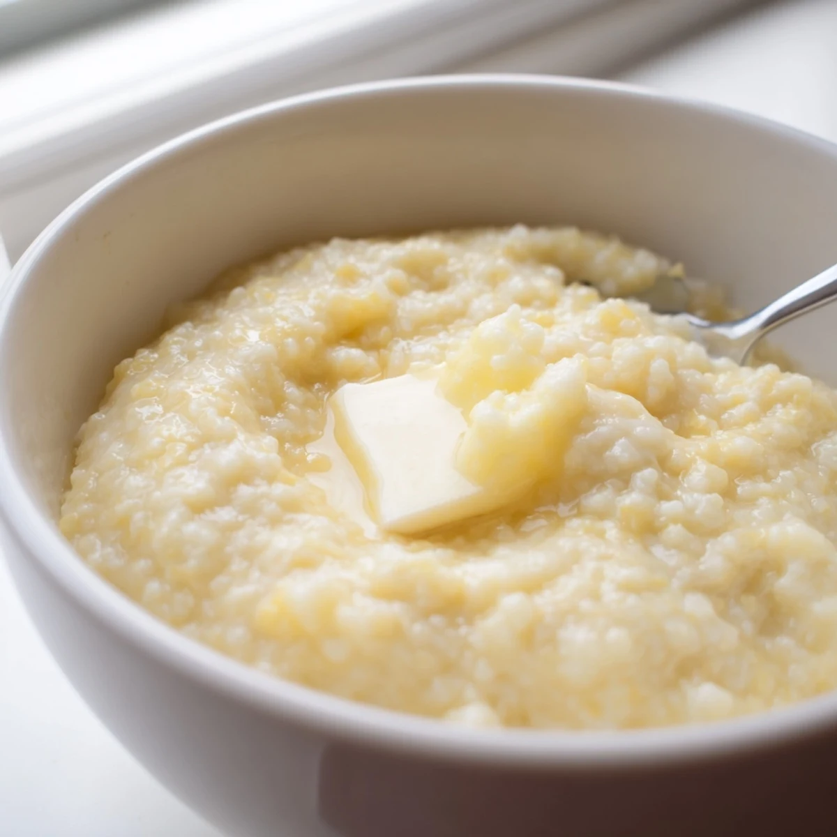 Creamy maize porridge bowl topped with golden butter and a drizzle of honey
