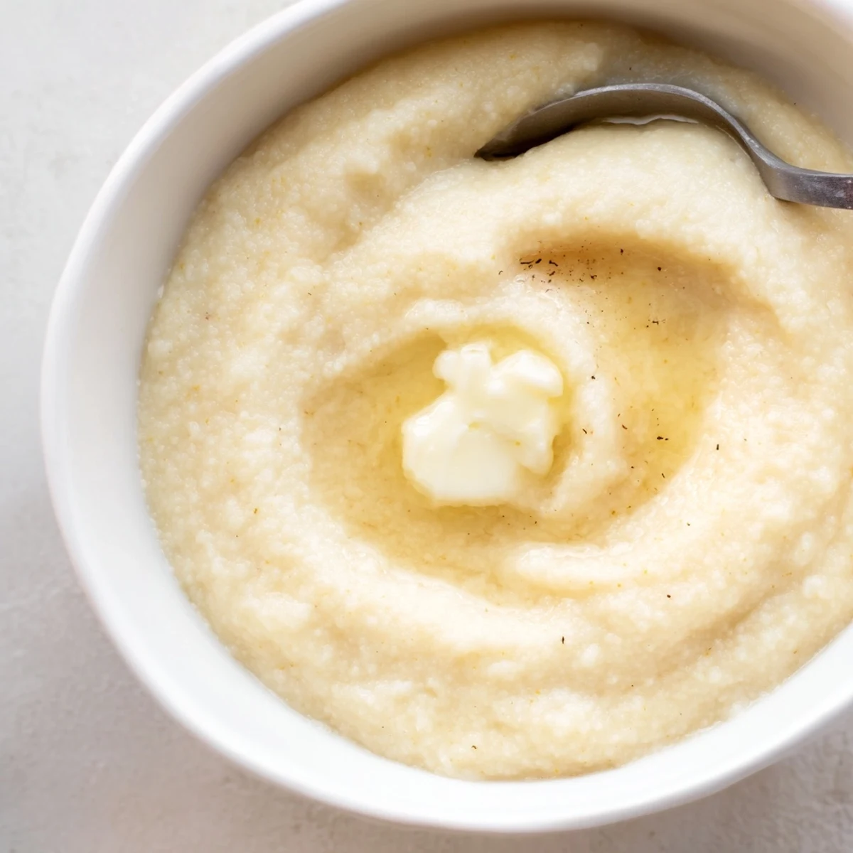 Smooth yellow maize porridge sprinkled with cinnamon and chopped pecans for breakfast