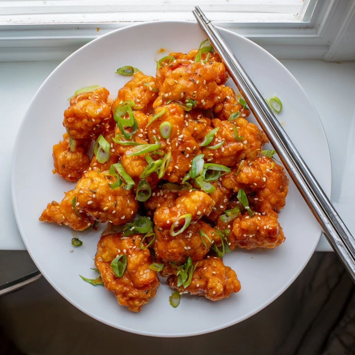 Golden fried chicken tossed in thick glossy orange sauce served over steamed white rice with fresh scallions