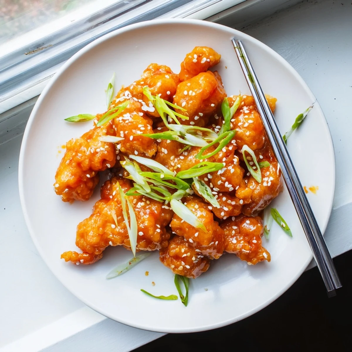 Crispy golden orange chicken pieces glazed in sweet tangy sauce garnished with green onions and sesame seeds