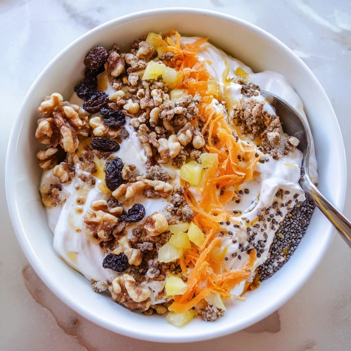 Wholesome Greek yogurt bowl spiced with cinnamon and nutmeg layered with fresh carrot shreds