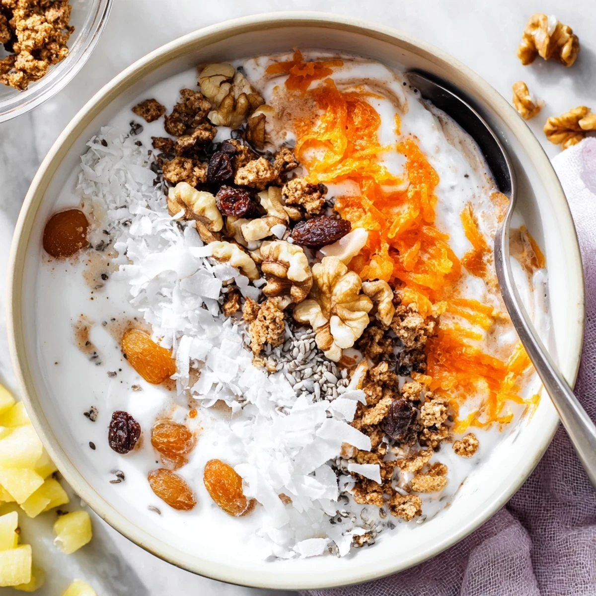 Creamy carrot cake yogurt bowl topped with grated carrots, crunchy walnuts, and sweet raisins