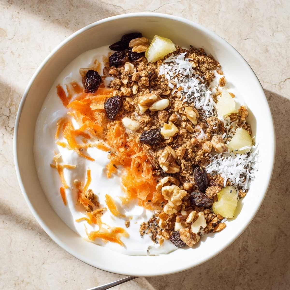 Healthy carrot cake yogurt bowl garnished with shredded coconut, granola, and chopped pecans