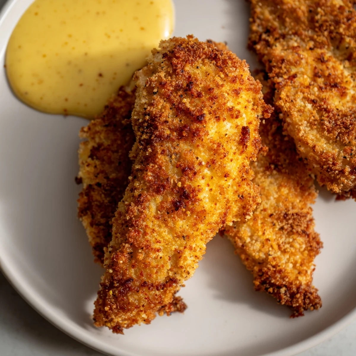 Golden honey mustard chicken tenders with crispy breaded coating and tangy dipping sauce