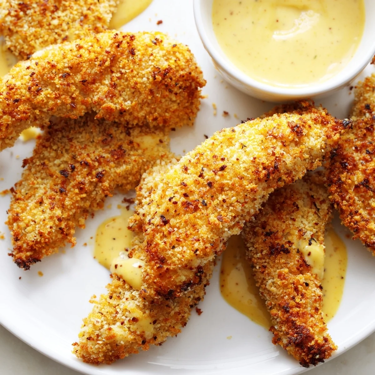 Freshly baked honey mustard chicken tenders arranged on white plate with honey mustard drizzle