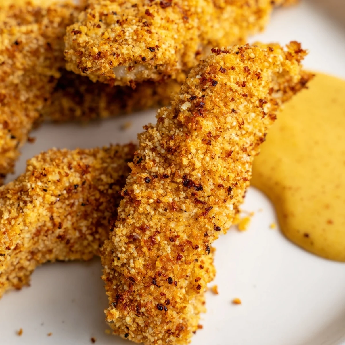 Homemade honey mustard chicken tenders featuring golden crunchy crust served alongside creamy honey mustard sauce