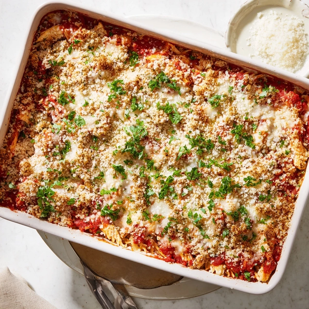 Golden chicken parmesan casserole with bubbling mozzarella and crispy buttered breadcrumb topping
