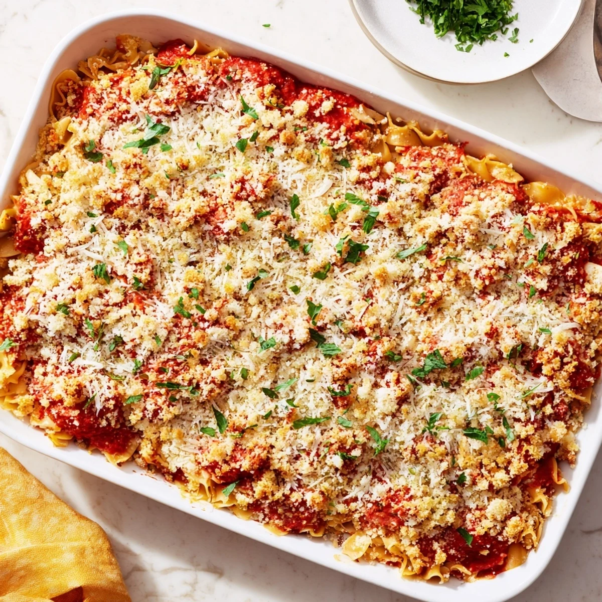 Family-style chicken parmesan casserole fresh from the oven with gooey melted cheese