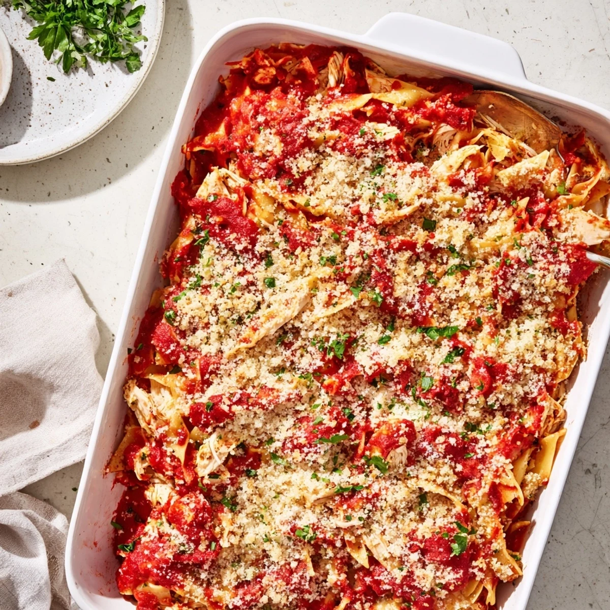 Baked chicken parmesan casserole featuring melted cheese layers and golden panko crust