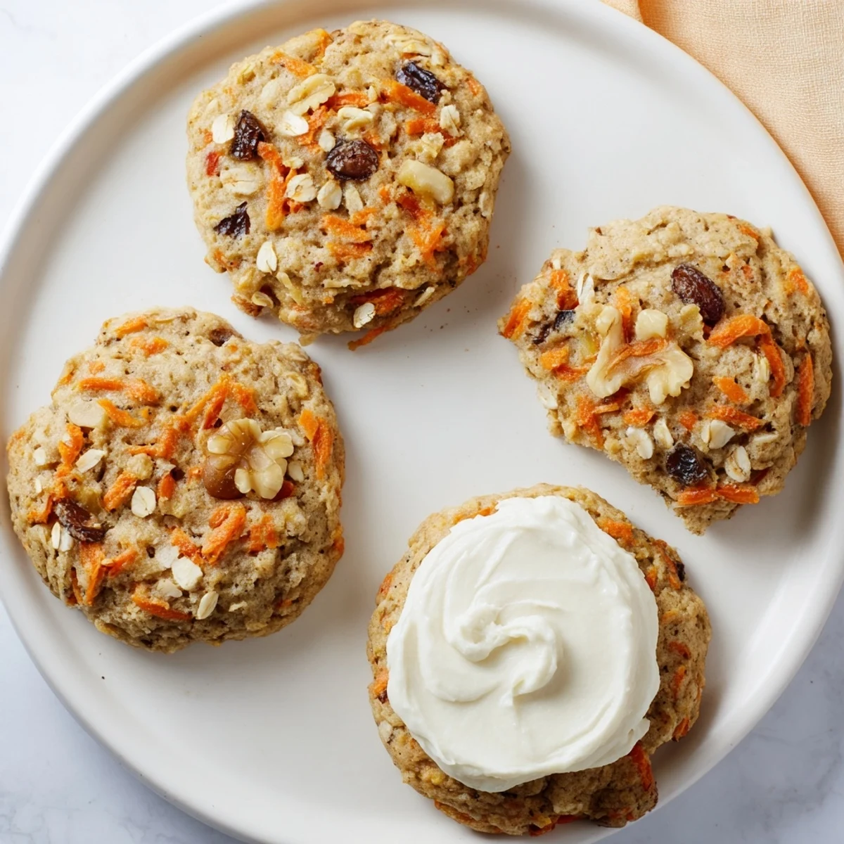 Soft spiced carrot cake cookies with visible grated carrots and chopped walnuts on parchment paper