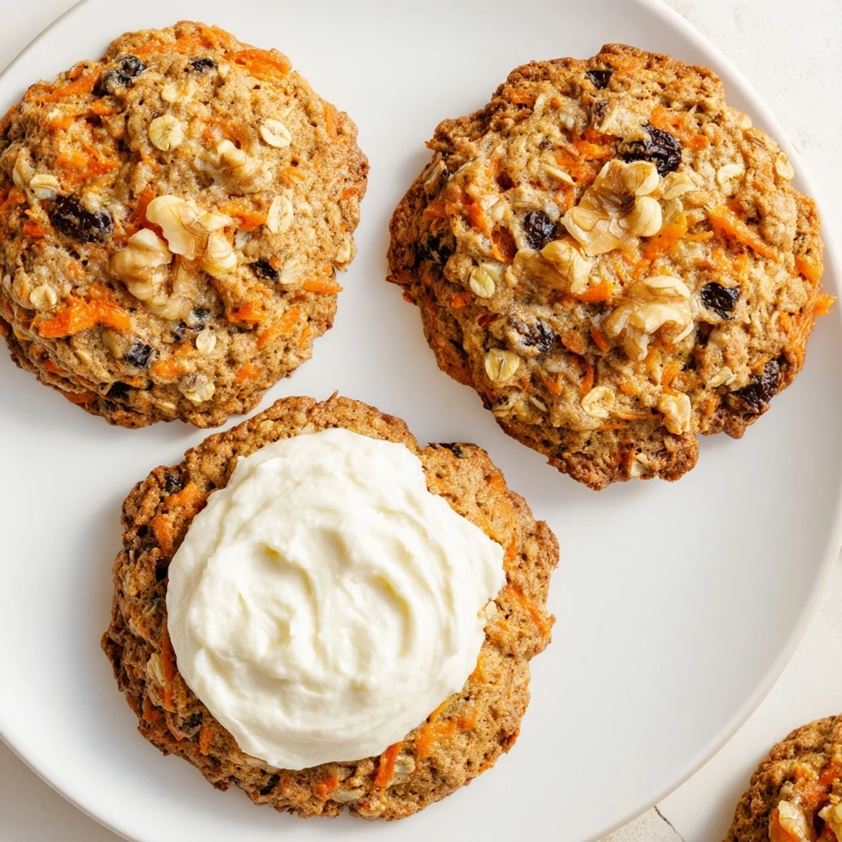 Bite-sized carrot cake cookies with sweet frosting drizzle and oat texture on a white plate