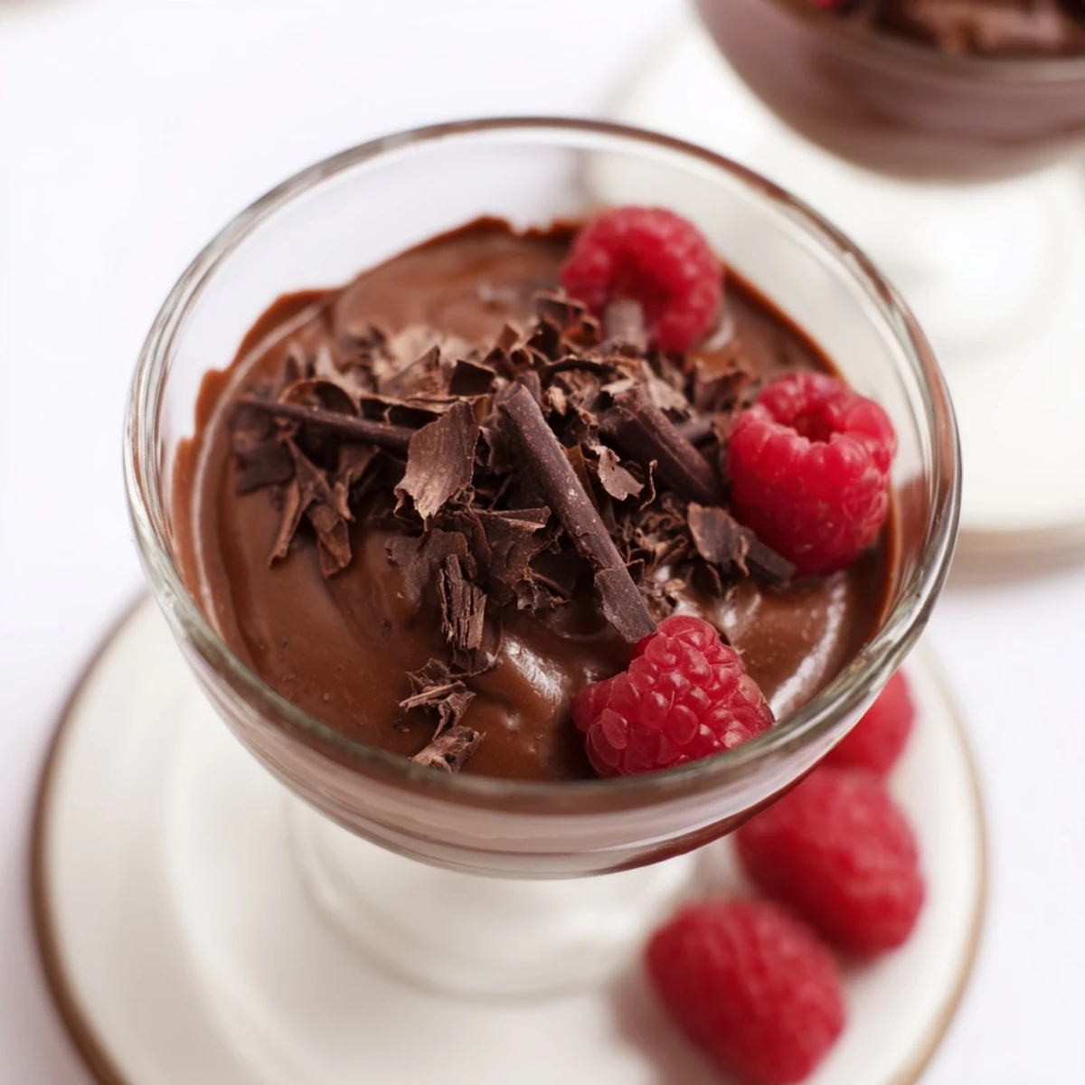 Creamy chocolate flaxseed pudding topped with fresh berries and dark chocolate shavings in a glass bowl
