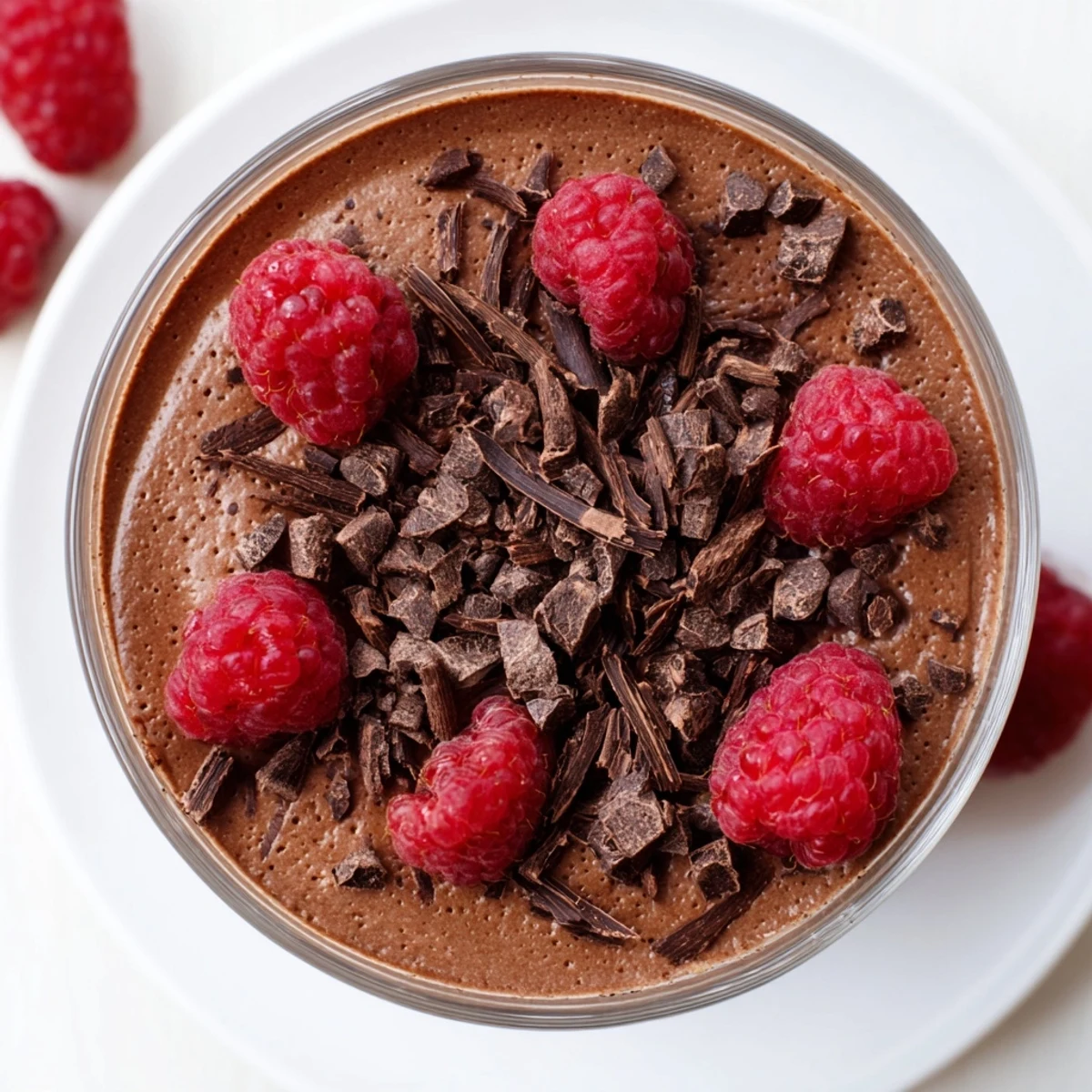 Thick and velvety chocolate flaxseed pudding swirled with coconut cream and garnished with fresh raspberries
