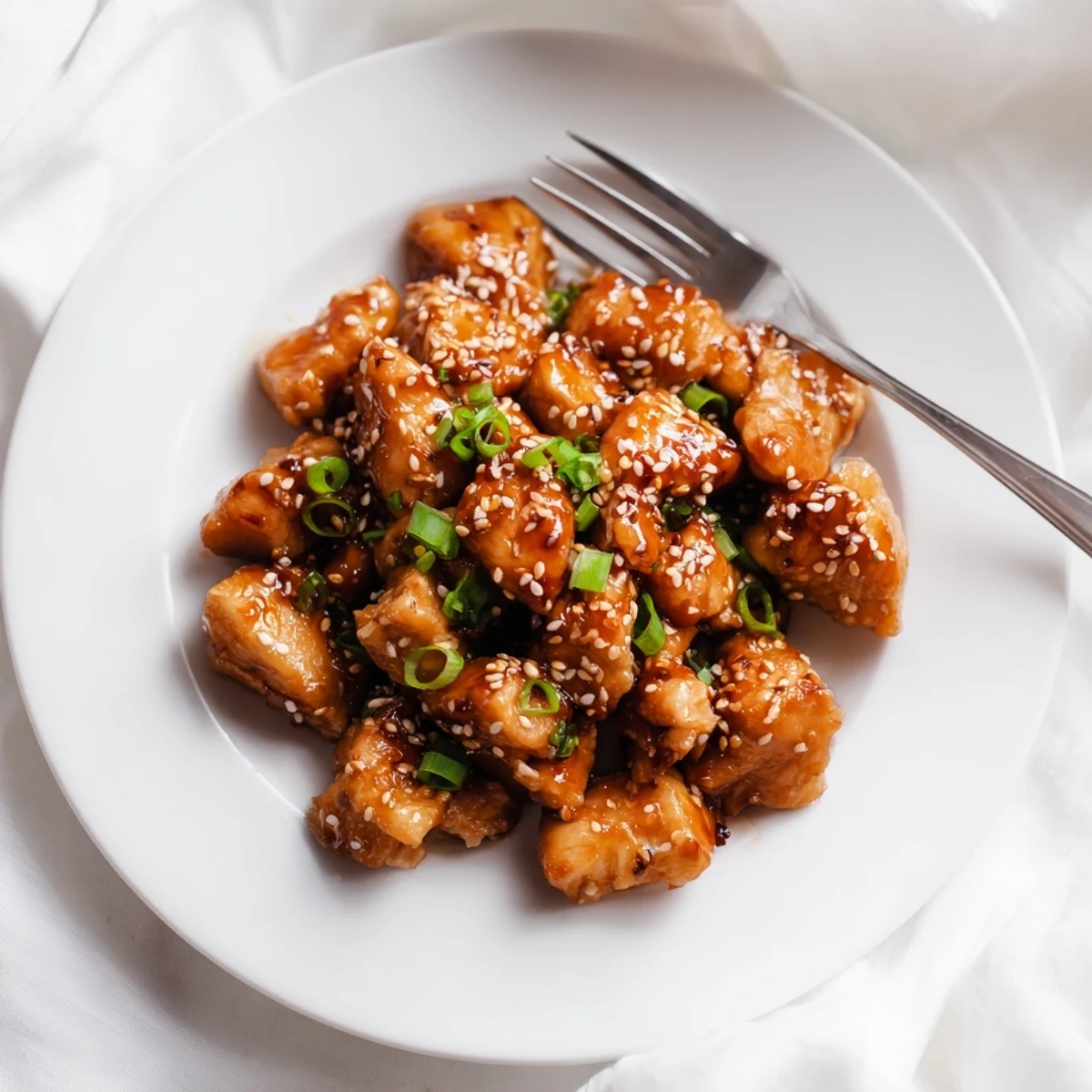 Golden spicy honey sriracha chicken glazed in sticky sweet red sauce with sesame seeds