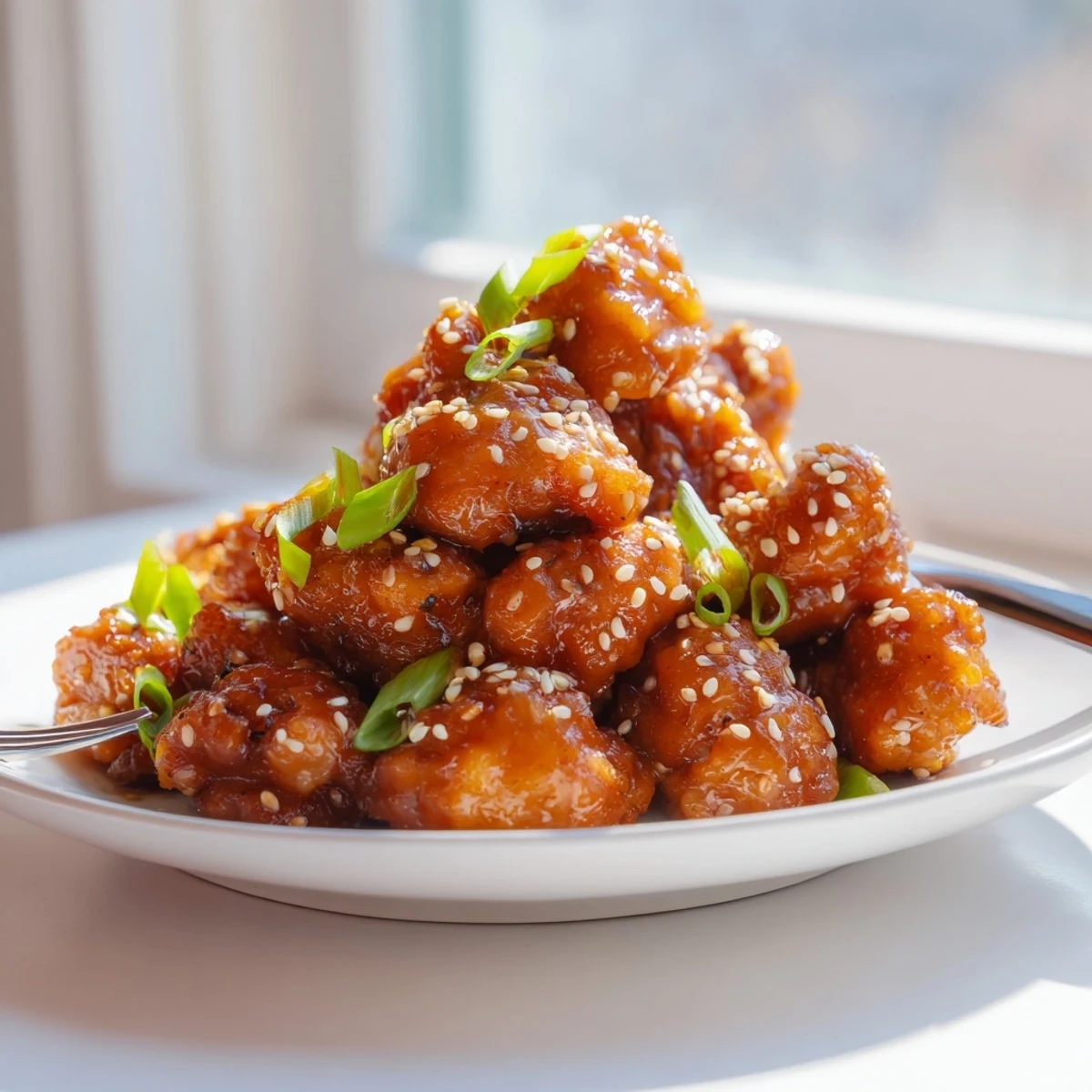 Asian fusion spicy honey sriracha chicken served over rice with lime wedge garnish