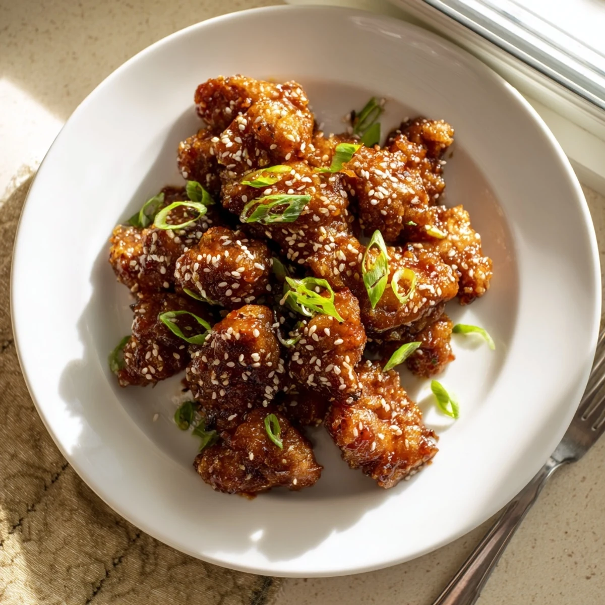 Juicy chicken pieces coated in glossy honey sriracha glaze garnished with fresh green onions