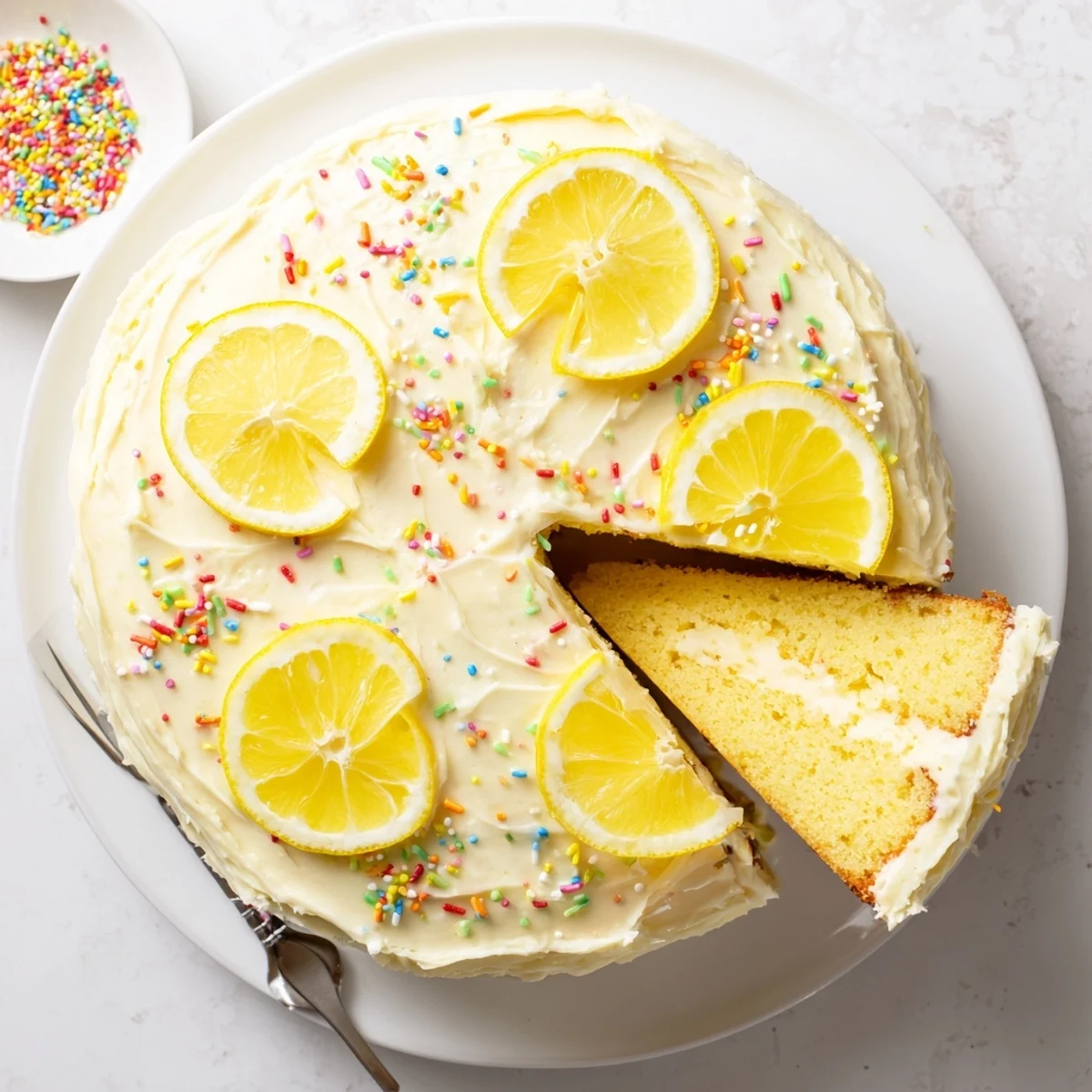 Golden lemon birthday cake with fluffy layers and tangy cream cheese frosting