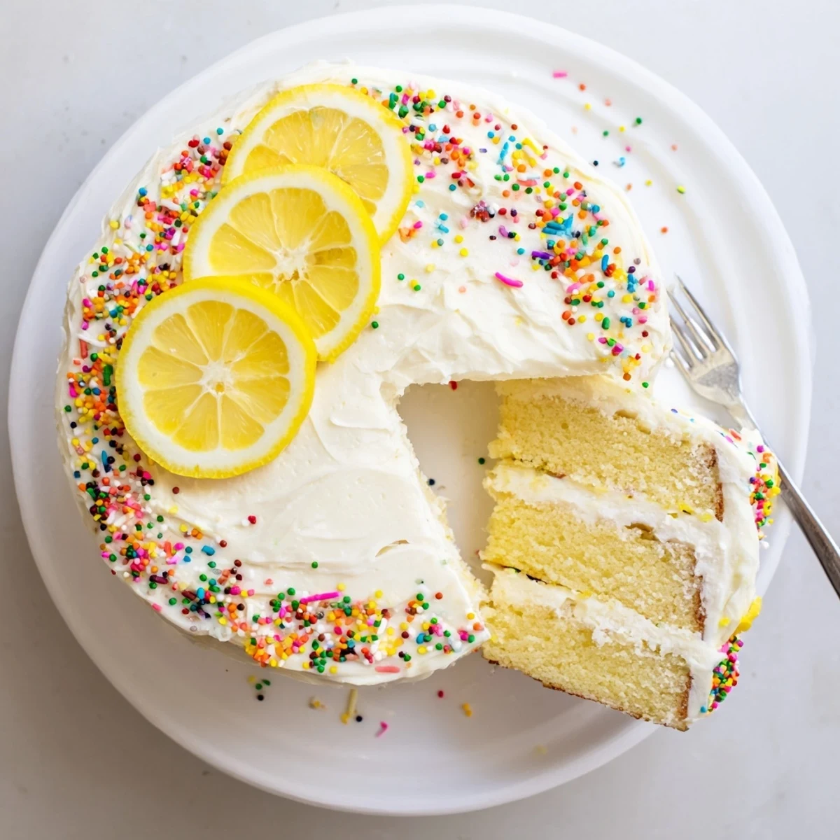 Three-layer lemon birthday cake drizzled with citrus zest and smooth vanilla buttercream