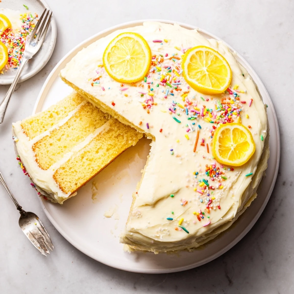 Festive lemon birthday cake topped with fresh lemon slices and creamy white frosting