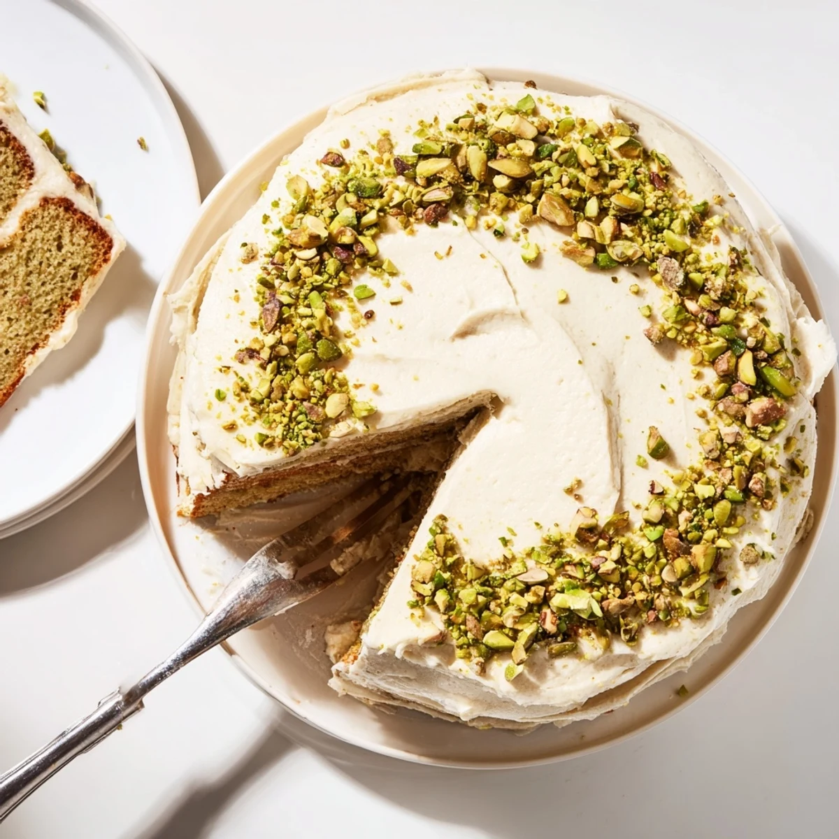 Slice of pistachio cake with creamy buttercream frosting topped with chopped nuts