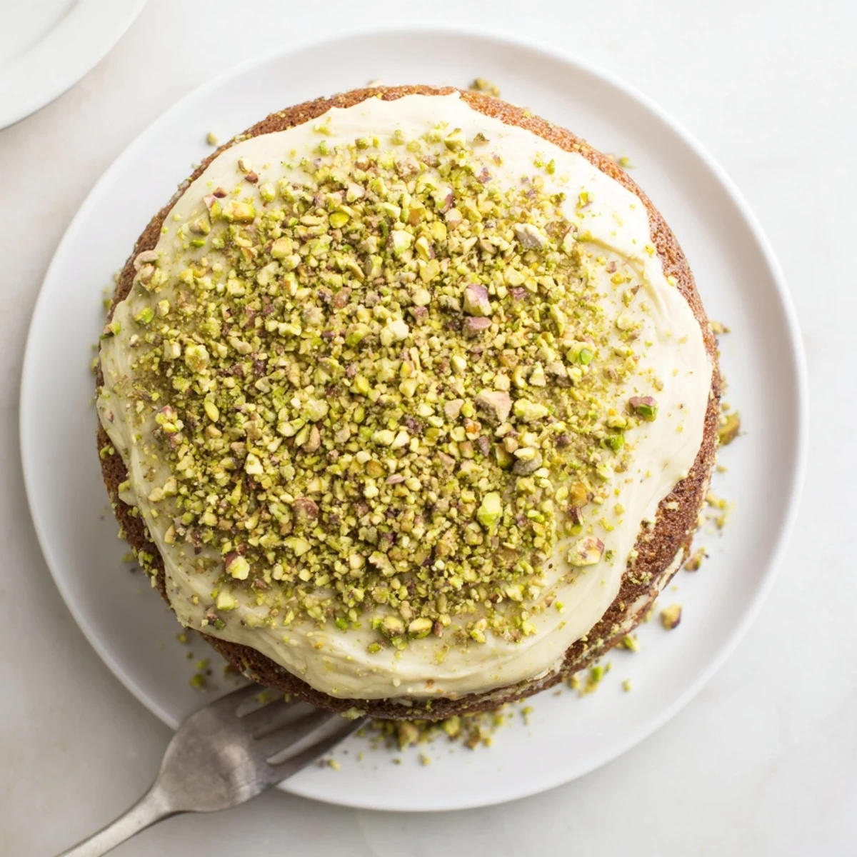 Two-layer pistachio cake frosted with smooth green buttercream on a white plate