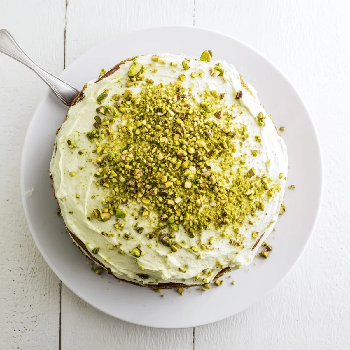 Moist pistachio cake with velvety buttercream and pistachio garnish on serving platter