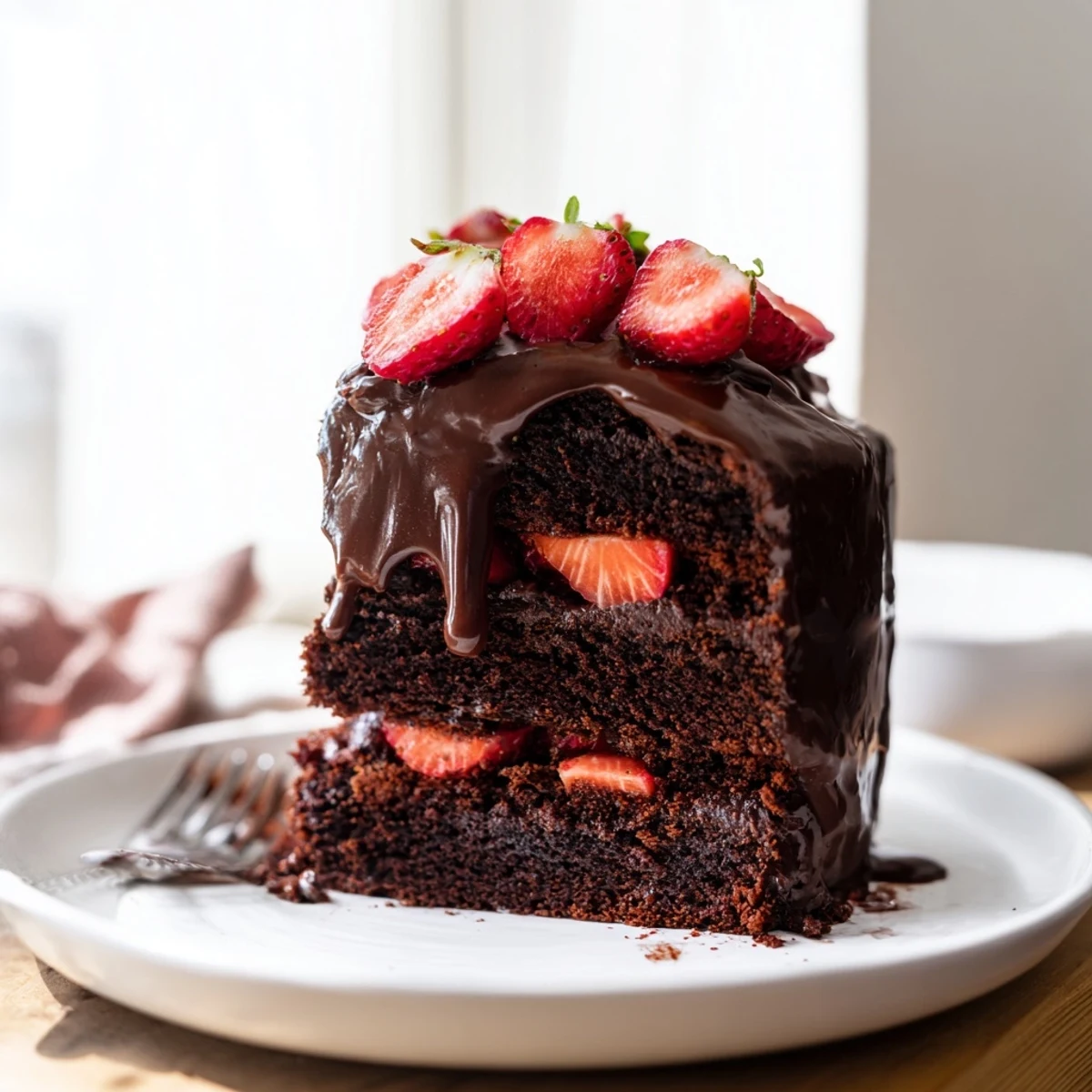 Decadent strawberry chocolate cake featuring glossy chocolate ganache and fresh juicy strawberry slices