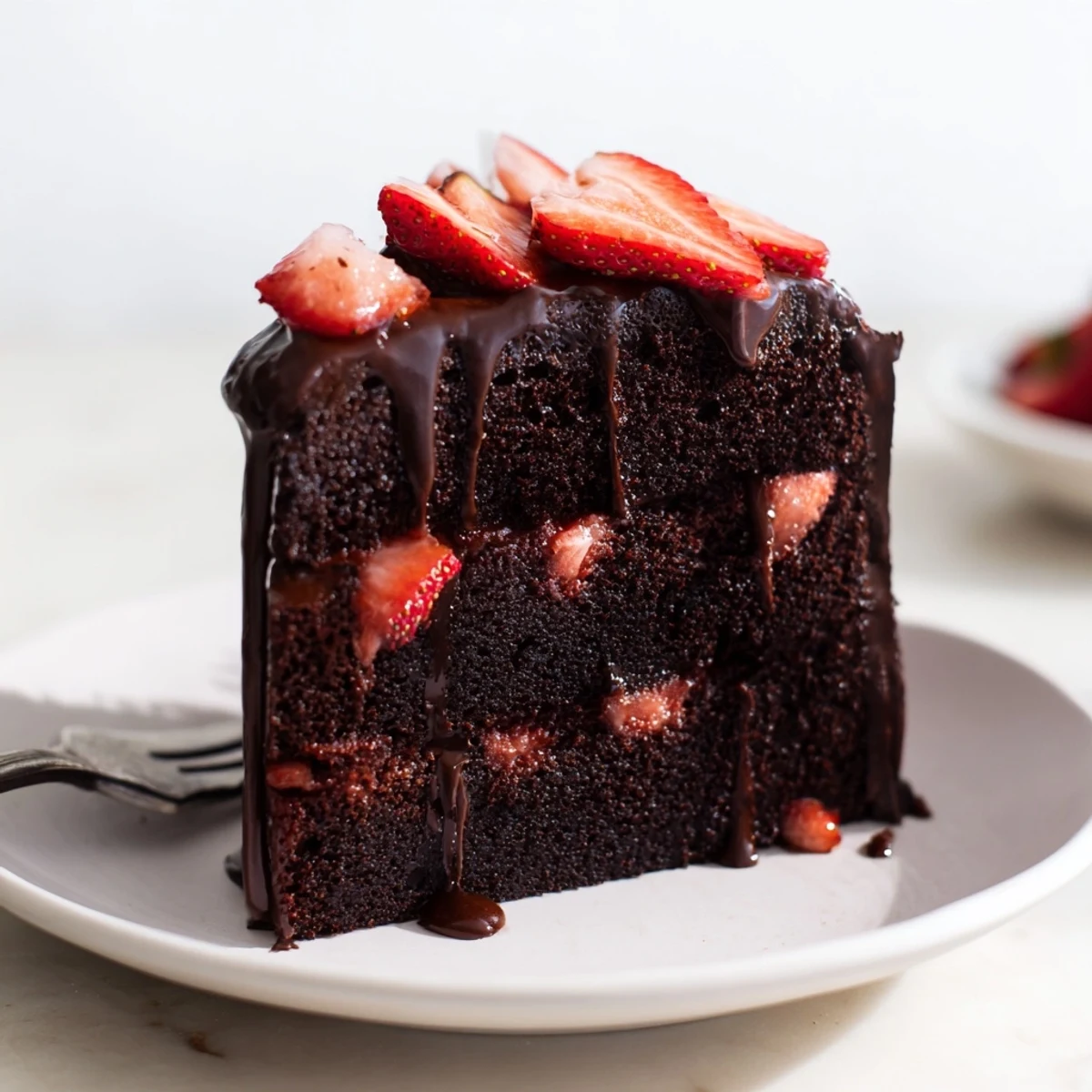 Moist chocolate layer cake topped with luscious ganache and vibrant red strawberries for dessert