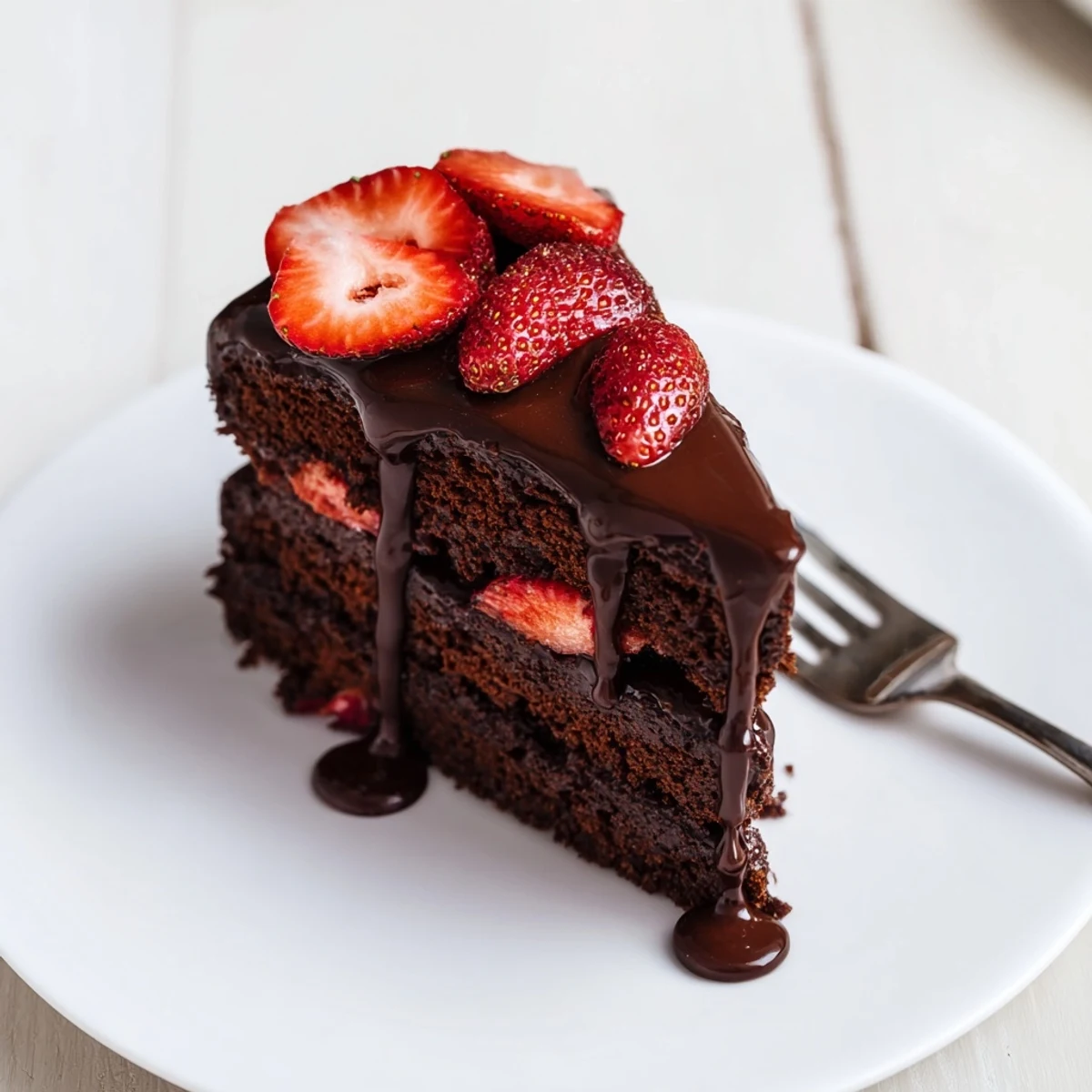 Rich strawberry chocolate cake with silky chocolate frosting and sweet berries on serving plate
