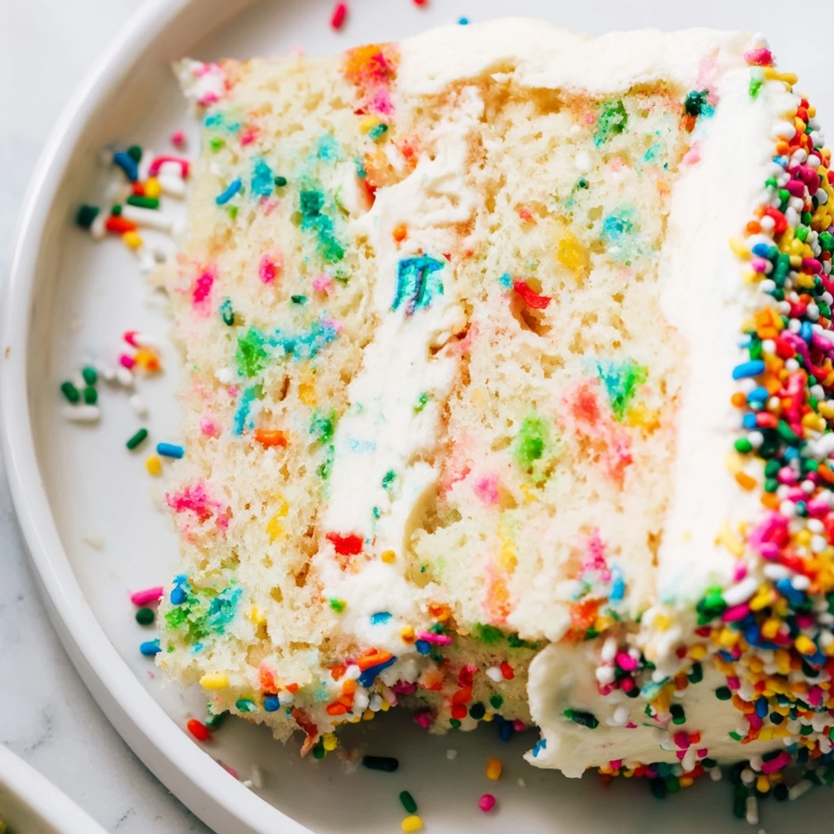 Golden vanilla Funfetti cake layered with creamy buttercream and colorful rainbow sprinkles throughout