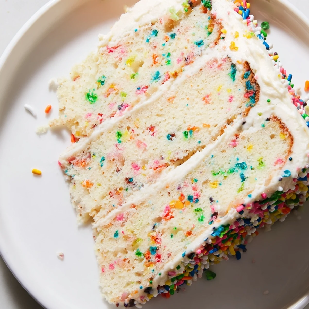 Two-layer Funfetti birthday cake topped with smooth vanilla buttercream and decorated with scattered rainbow sprinkles