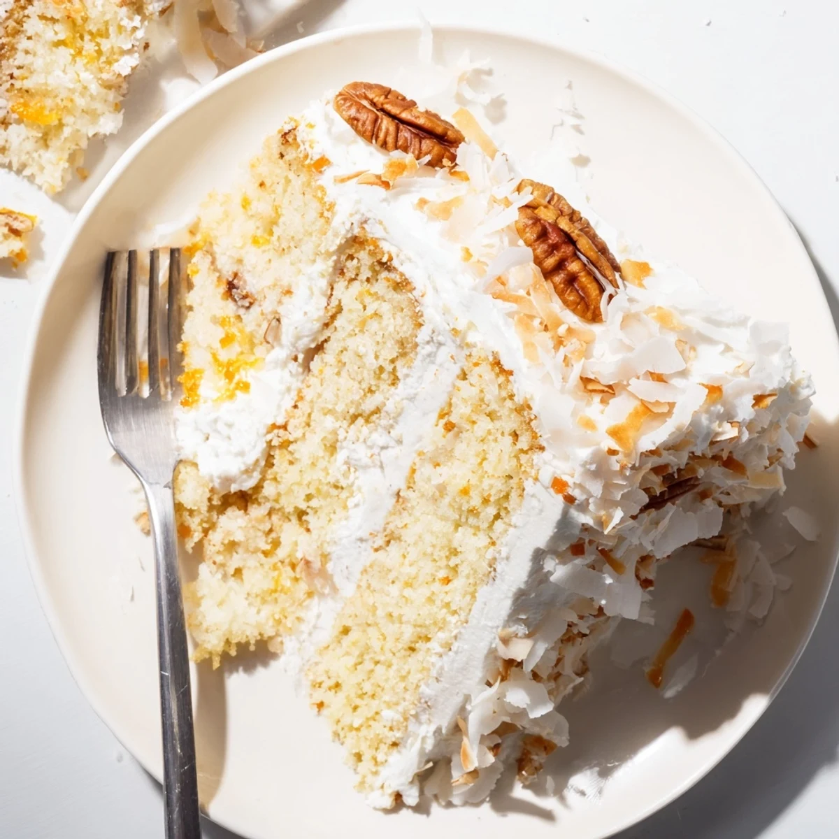 Golden Quick Italian Cream Cake layered with smooth cream cheese frosting and sweet shredded coconut