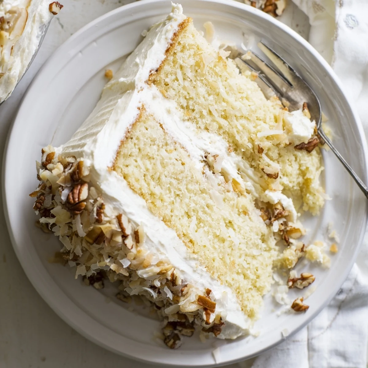 Moist Quick Italian Cream Cake slice topped with creamy frosting and toasted pecans on a white plate