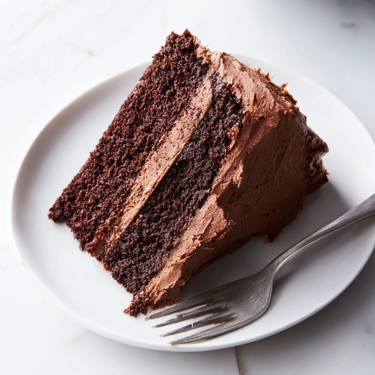 Decadent Matildas chocolate cake layered with rich creamy frosting on a white serving plate
