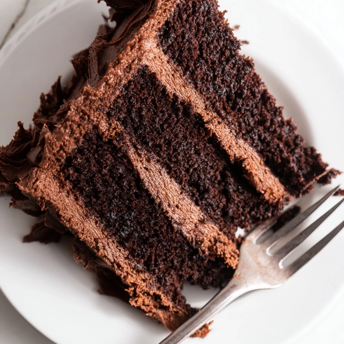 Slice of moist Matildas chocolate cake showing tender crumb topped with velvety chocolate buttercream