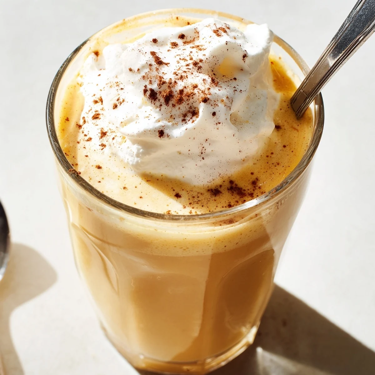 Festive glass of low-carb eggnog garnished with cinnamon and nutmeg on wooden table