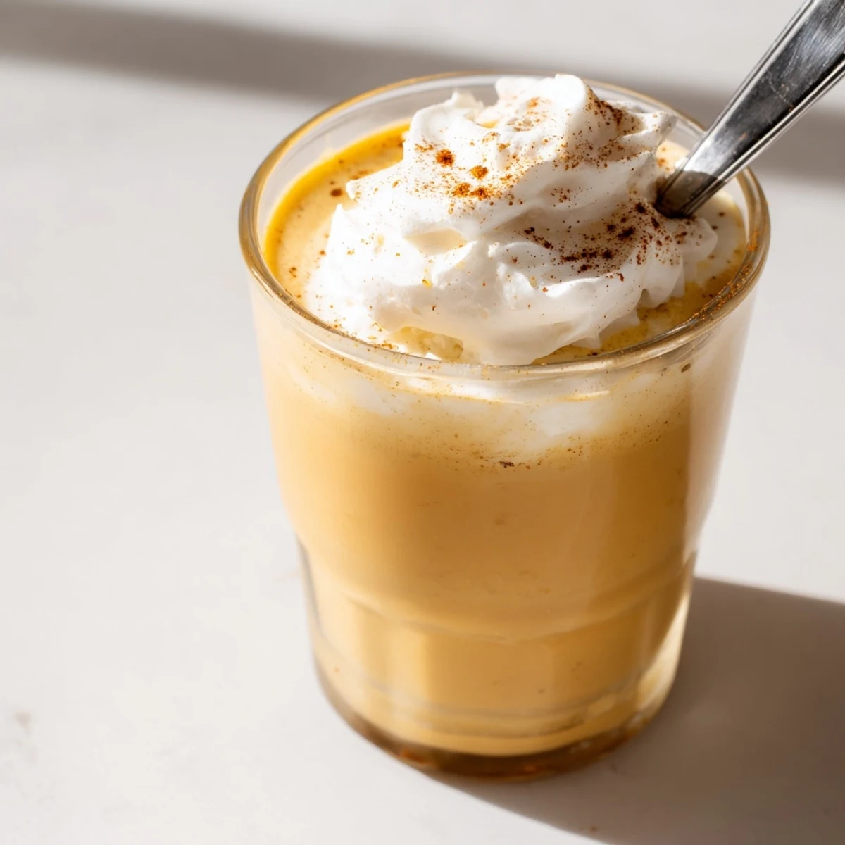 Golden keto eggnog delight served chilled with whipped cream topping for Christmas celebrations