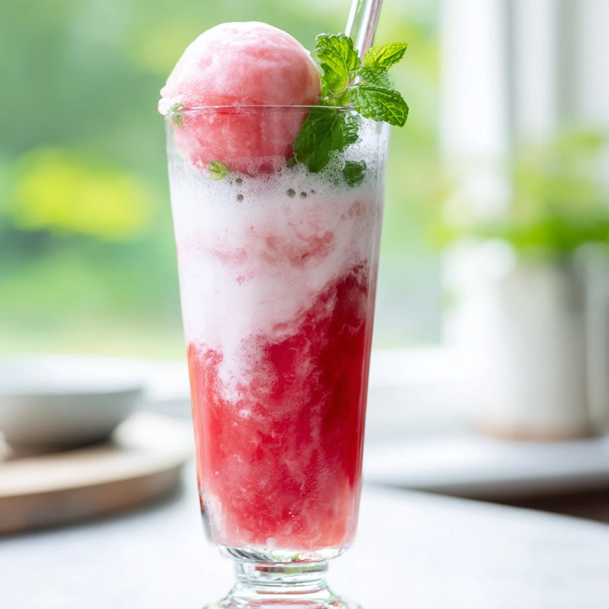 Refreshing watermelon ice cream float garnished with mint and fresh watermelon slices