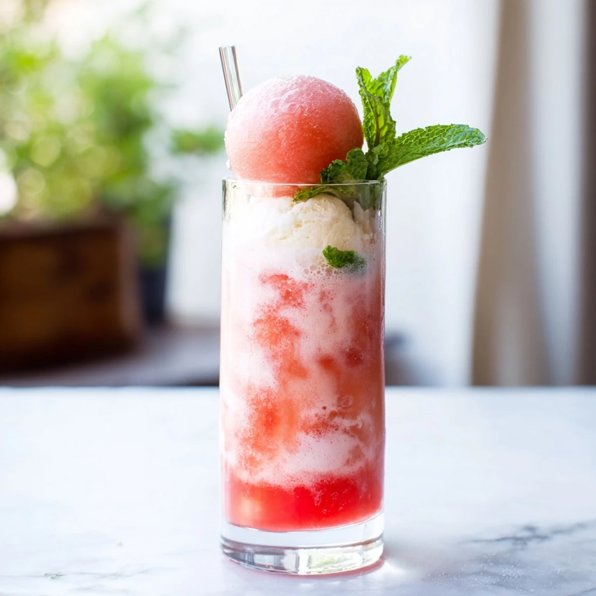 Tall glass of watermelon ice cream floats with creamy vanilla scoops and fizzy bubbles