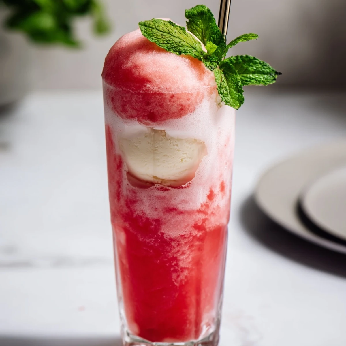 Creamy watermelon ice cream floats topped with sparkling soda in chilled glasses