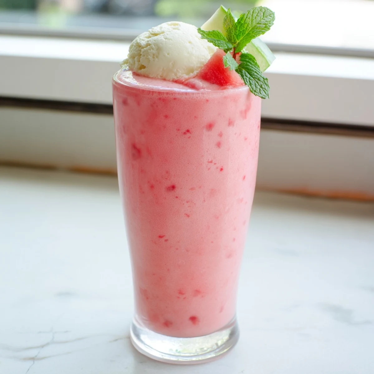 Tall glass of refreshing watermelon milkshake garnished with fresh mint and lime wedge