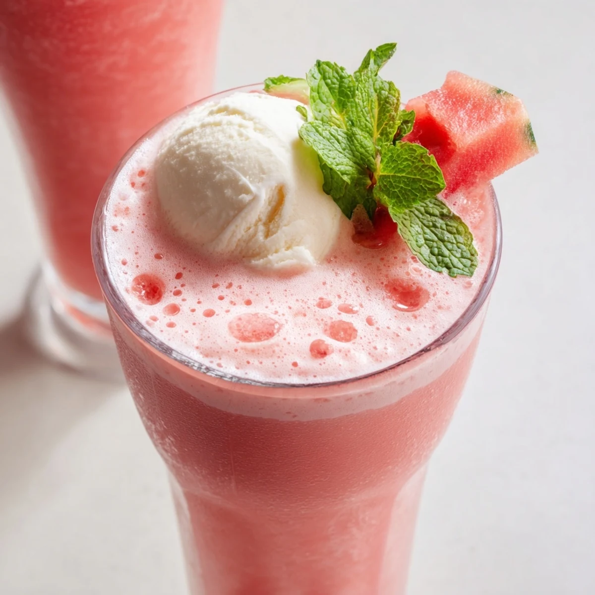 Creamy pink watermelon milkshake poured into glass with frothy top on wooden table