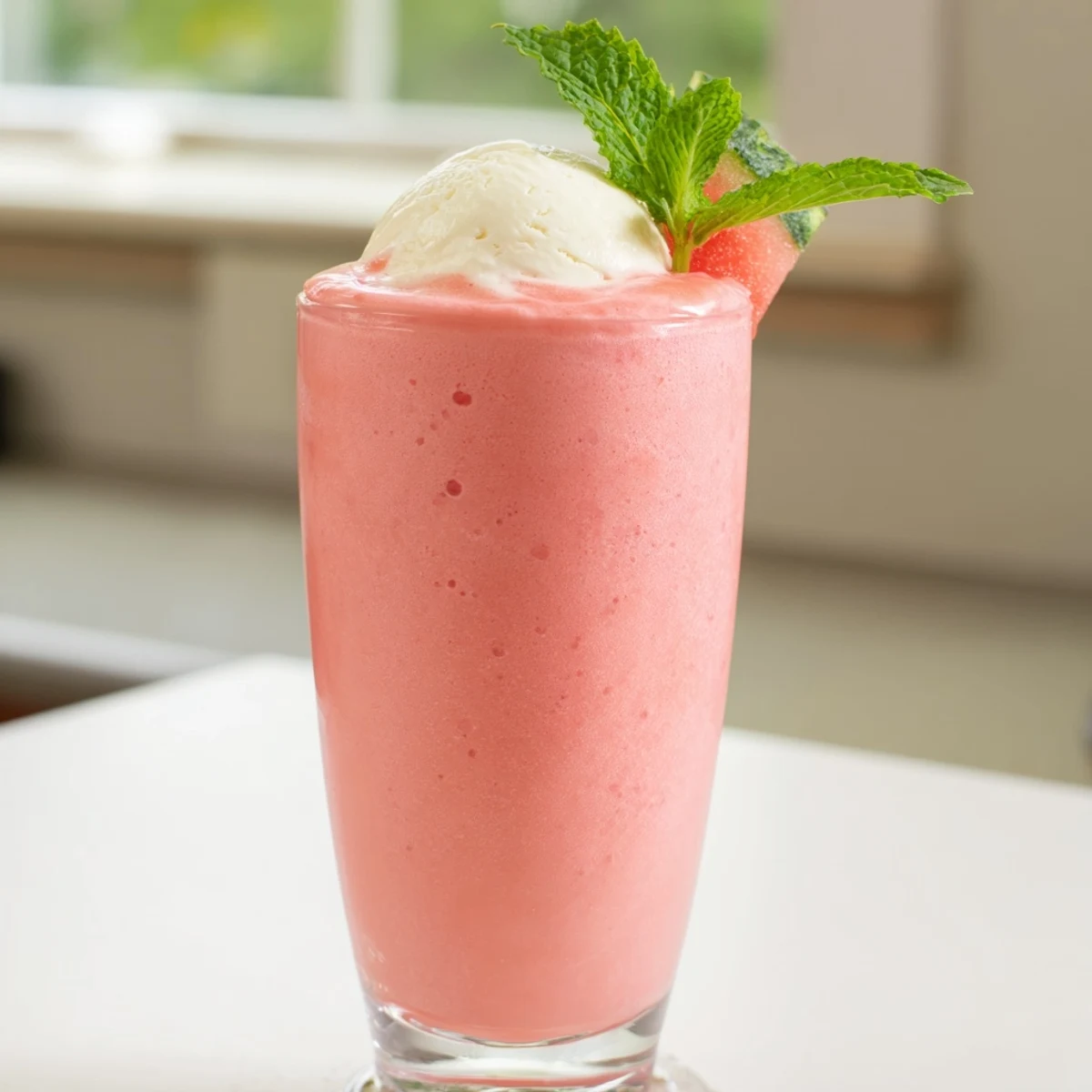 Close-up of thick watermelon milkshake with watermelon wedge garnish on sunny patio table
