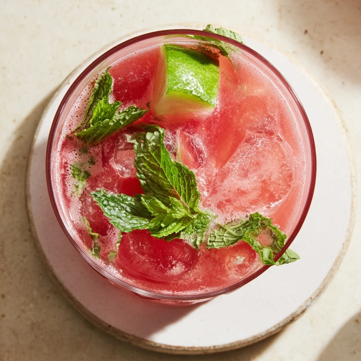 Garnished glass of low carb watermelon refresher with fresh mint sprig and lime wedge on ice